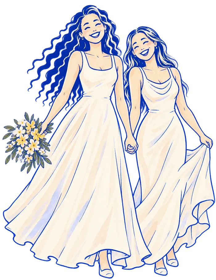 Iloo and Maya walking hand in hand, laughing