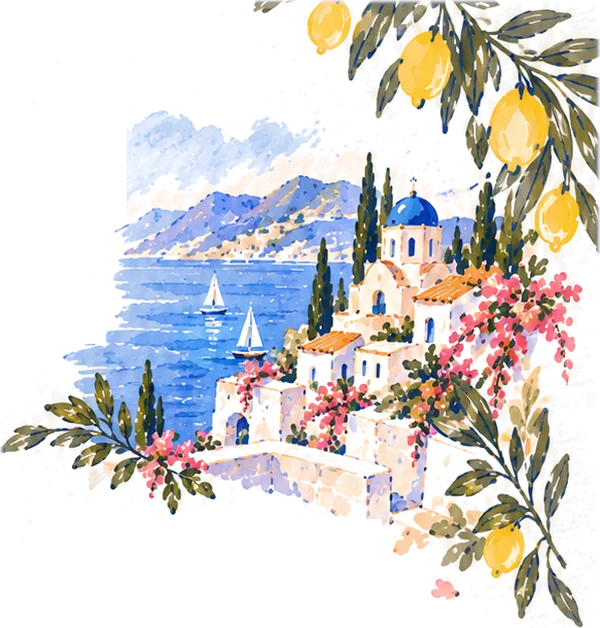 A whitewashed village by the sea under a lemon branch