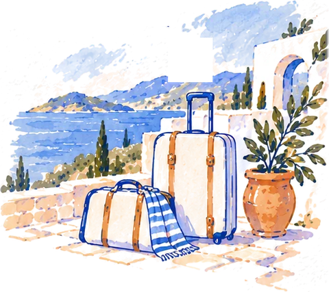 Suitcases waiting on a terrace by the sea