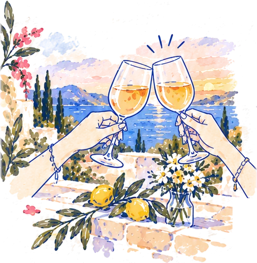 Two glasses raised in a toast by the sea