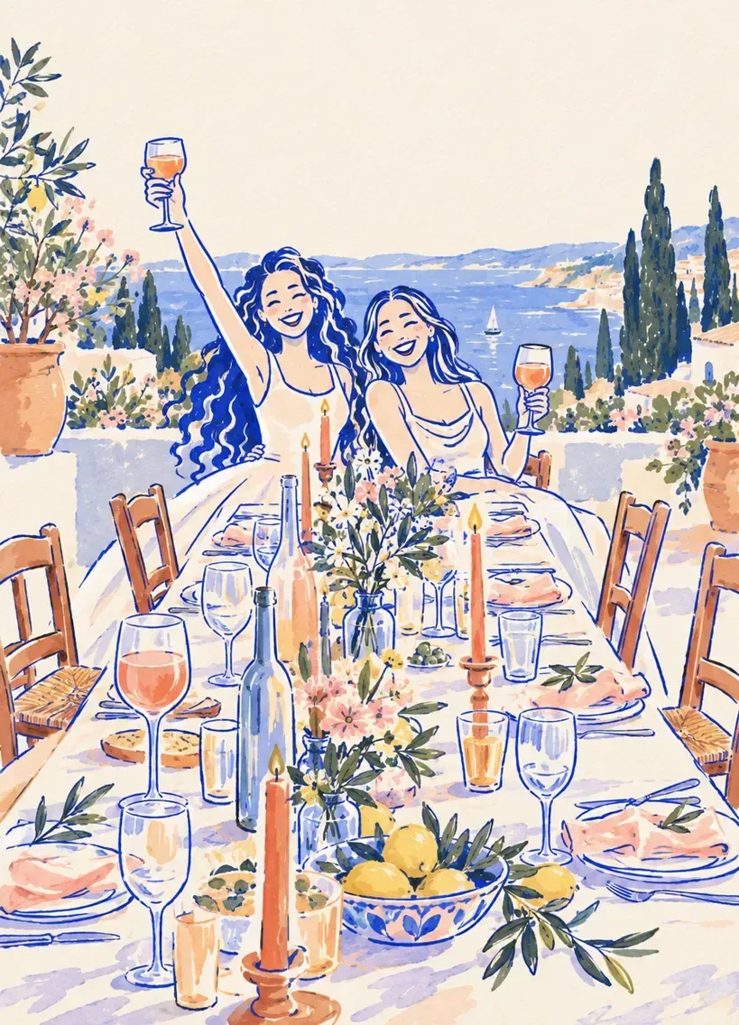 Iloo and Maya raising their glasses at a long table set for guests, by the sea